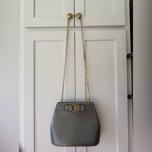 Salvatore Ferragamo Gray Leather Shoulder Bag with Gold Chain